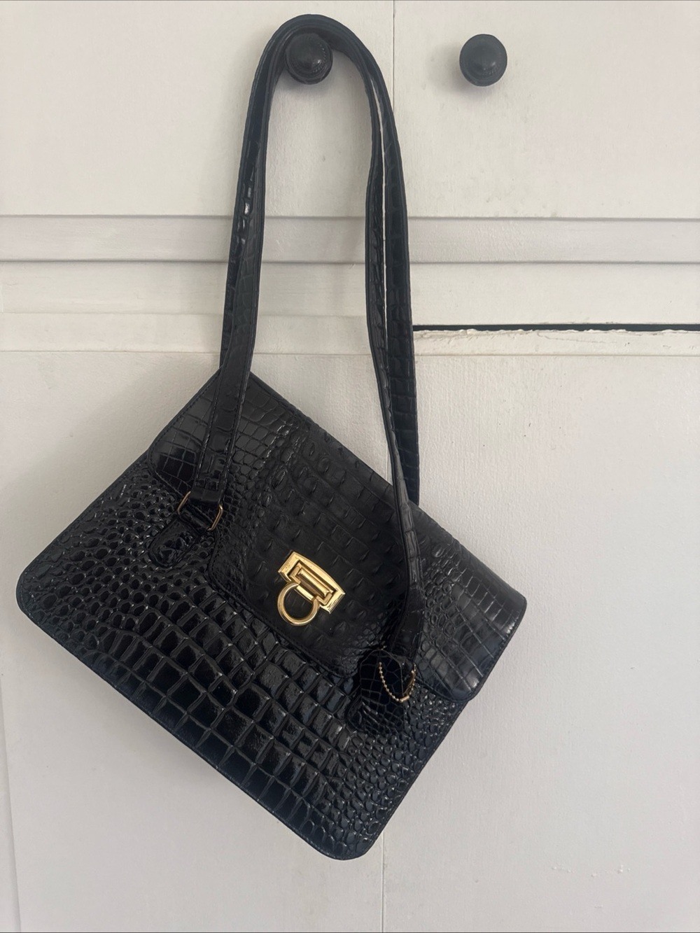 Black Croc-Embossed Shoulder Bag with Gold Clasp